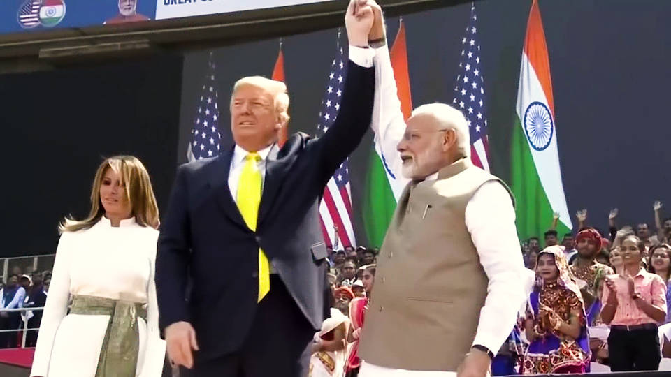 h4 trump touts defense deal praises modi massive indian rally